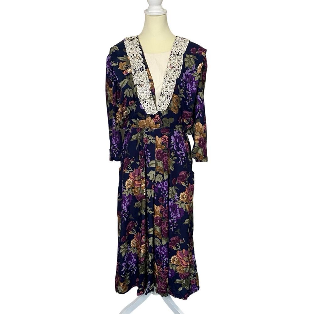 Vintage 80s S.L Fashions Floral Lace Collar Long Sleeve Midi Dress Women Size 14